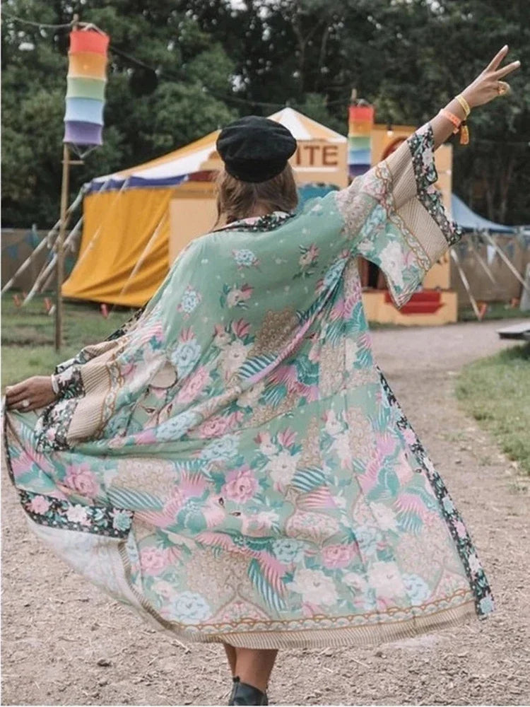 Abito da spiaggia a kimono bohémien con stampa floreale pavone per donna, abito estivo da spiaggia, bikini, boho, copricostumi