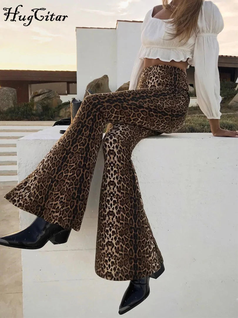 Leggings svasati con stampa leopardata a vita alta Hugcitar 2021 pantaloni aderenti sexy moda donna autunno inverno pantaloni Club