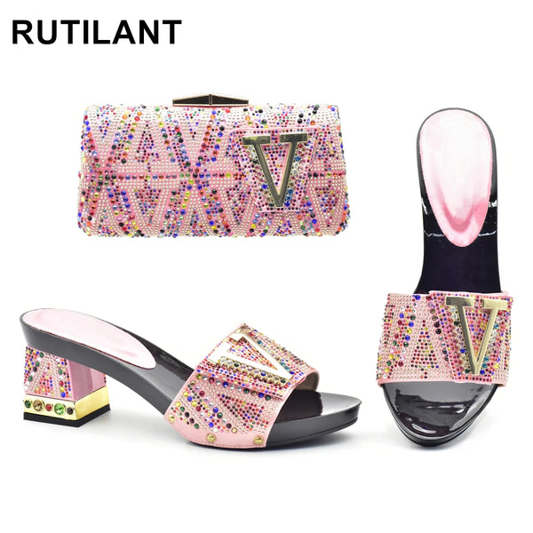 African Matching Shoes and Bag Italian In Women Matching Italian Shoe and Bag Set Decorated with Rhinestone Party Shoes with Bag