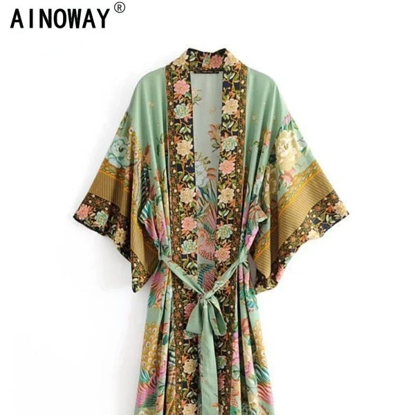 Peacock Floral Print Bat Sleeve Beach Bohemian Kimono Robe for Women Ladies Beachwear Summer Dress Bikini Boho Cover-ups