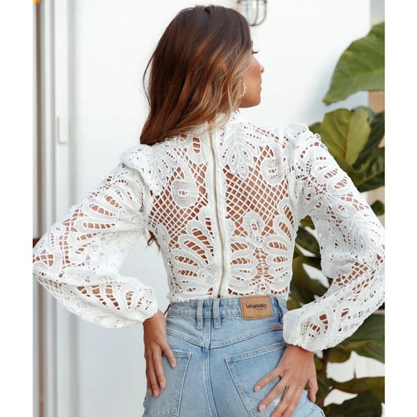 Elegant Women's Long Sleeve Lace Blouses Tops White Crochet Hollow Out Turtleneck Stylish Cropped Shirts Female Pullovers 16296