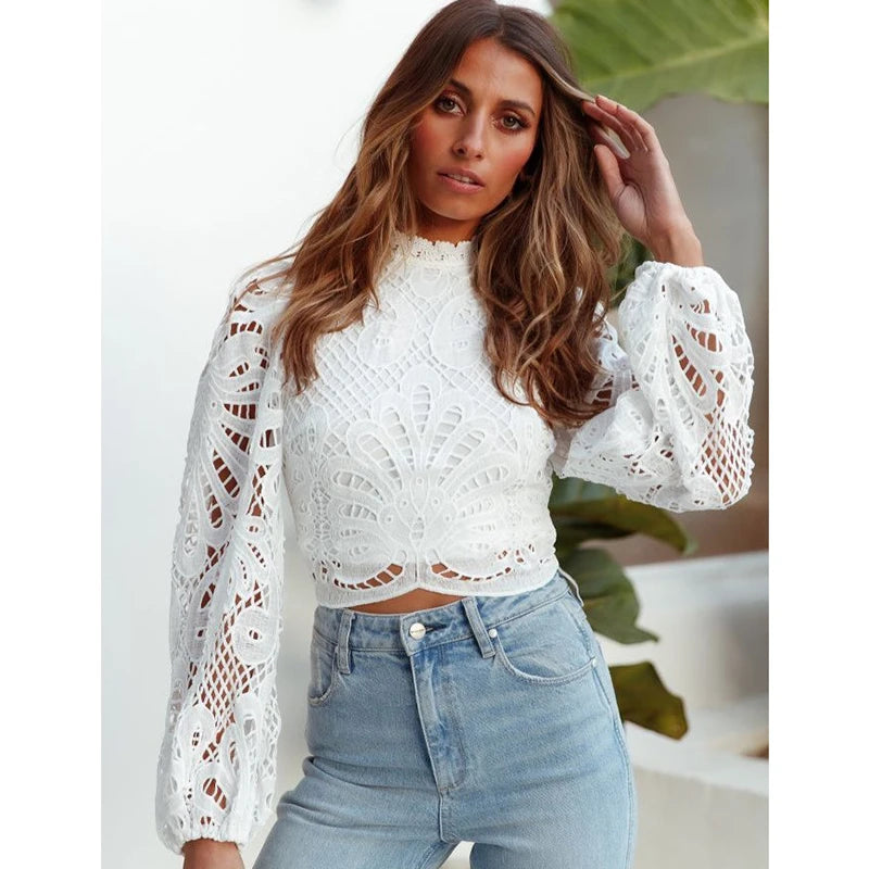 Elegant Women's Long Sleeve Lace Blouses Tops White Crochet Hollow Out Turtleneck Stylish Cropped Shirts Female Pullovers 16296