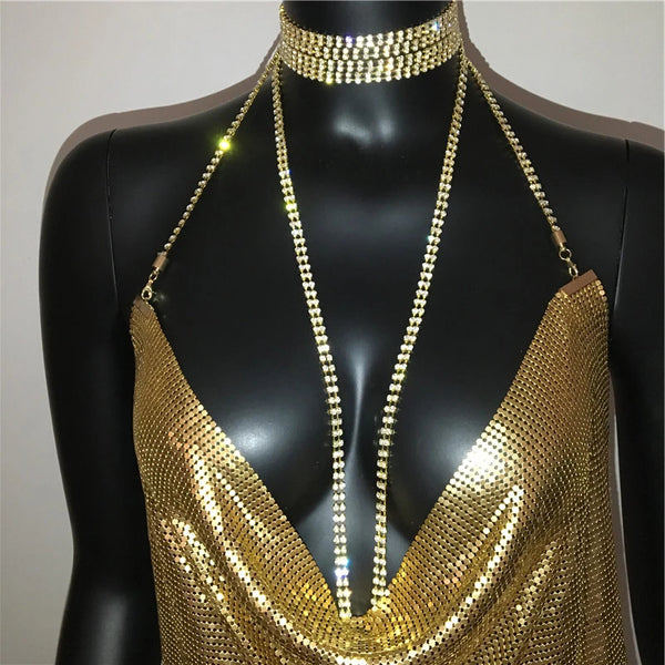 AKYZO Mini abito patchwork con paillettes oro sexy donna senza maniche catene di metallo a taglio basso Halter Slim affascinante abiti da festa da discoteca