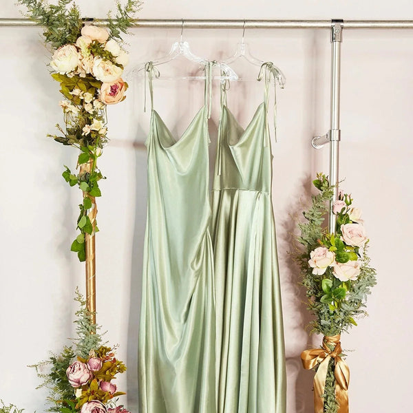 FATAPAESE Mint Green Bridesmaid Dresses Sexy Side Slit Backless Gown Long Satin Spaghetti Strap Summer Evening Dress For Women