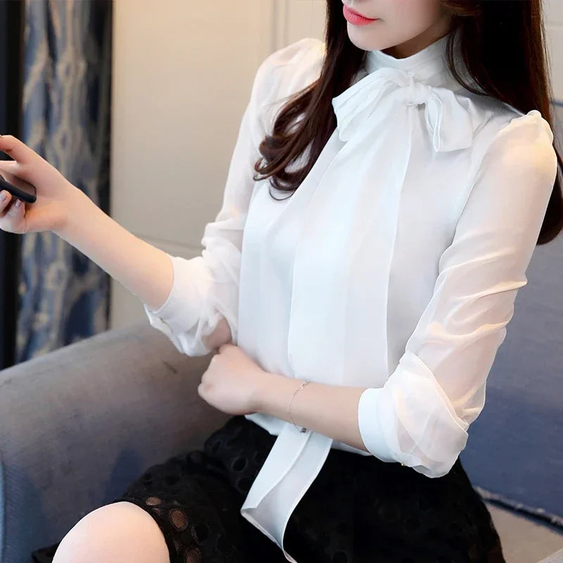 2023 nuova moda estiva tunica camicetta da donna camicie manica lunga cravatta fiocco dolcevita in chiffon formale donna bianco nero camicie 0599 30
