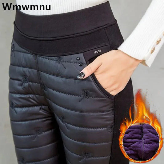 Winter Embroidery Down Cotton Slim Pencil Pants Women High Waist Thick Velvet Lined Trouser Casual Warm Oversized Mom Pantalones