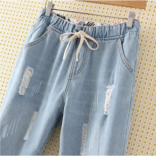 High Elastic Waist Hemming Boyfriend Loose Ripped Harem Jeans Mom Light Blue Cuffed Casual Ankle length Capris Baggy Denim Pants