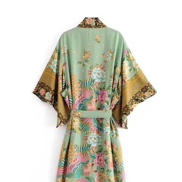 Peacock Floral Print Bat Sleeve Beach Bohemian Kimono Robe for Women Ladies Beachwear Summer Dress Bikini Boho Cover-ups