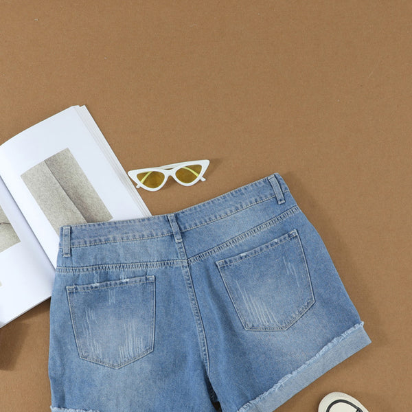 Light Blue Casual Ripped Rolled Hem Denim Shorts