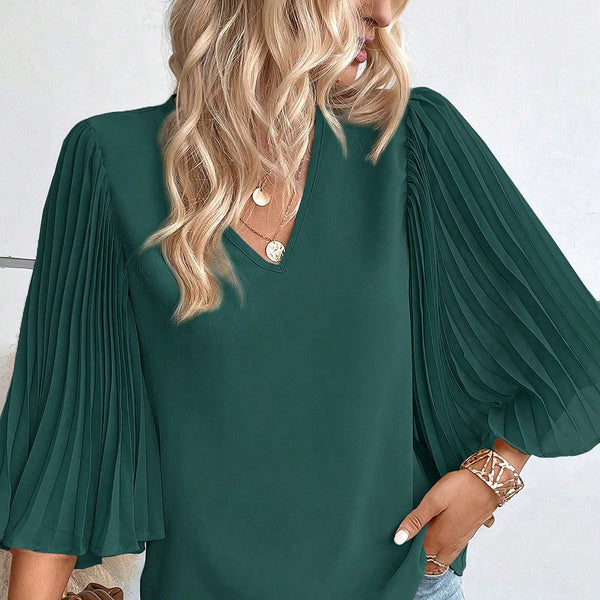 Green Pleated Batwing Sleeve V Neck Blouse