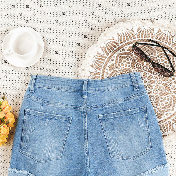 Light Blue Casual Ripped Rolled Hem Denim Shorts