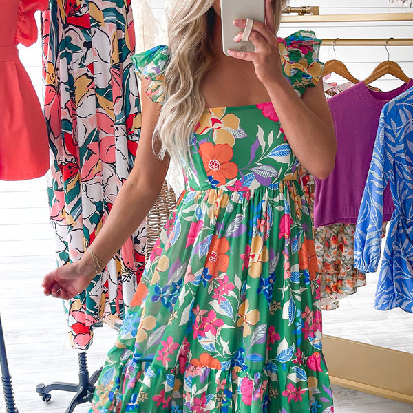 Green Boho Floral Print Ruffle Sleeveless Tiered Maxi Dress