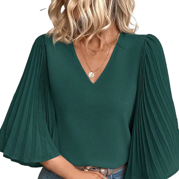 Green Pleated Batwing Sleeve V Neck Blouse