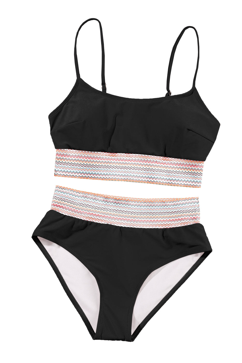 Set bikini a vita alta con cinturino spaghetti patchwork a strisce nere