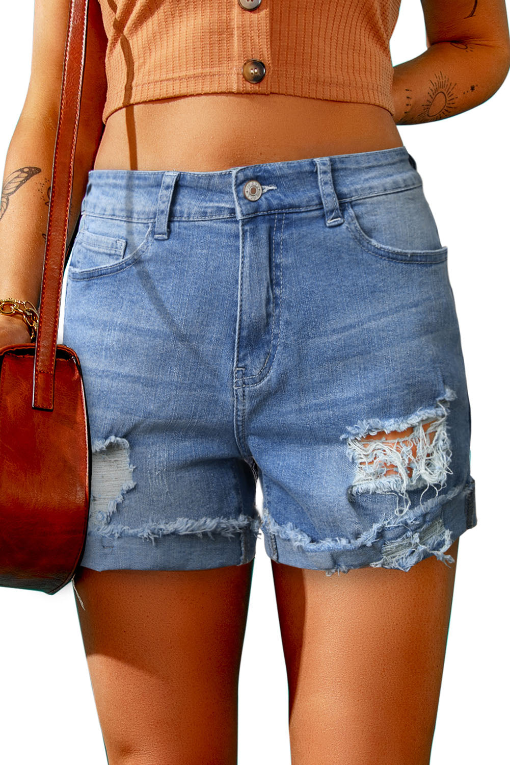 Light Blue Casual Ripped Rolled Hem Denim Shorts