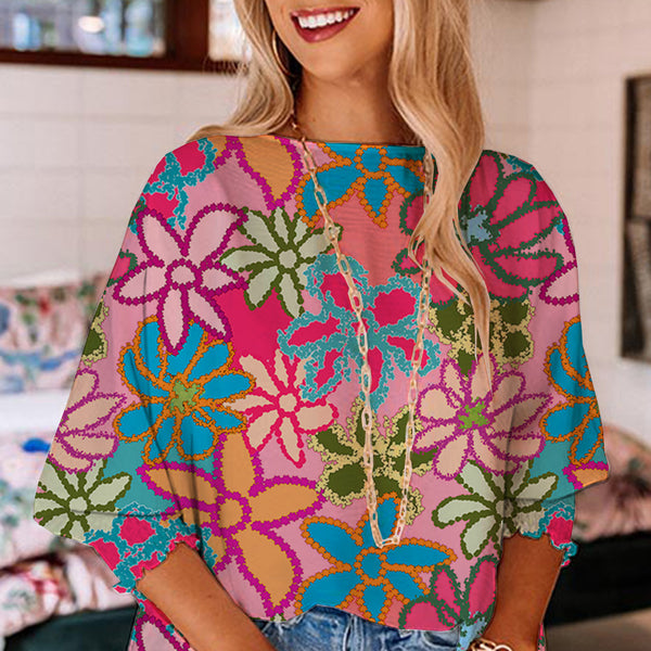 Pink Floral Print Bracelet Sleeve Blouse