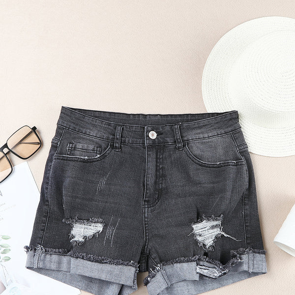 Light Blue Casual Ripped Rolled Hem Denim Shorts