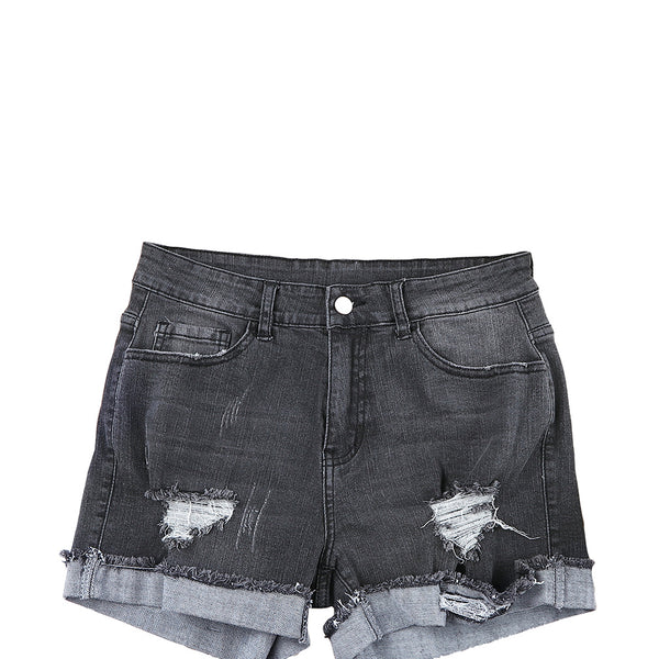 Light Blue Casual Ripped Rolled Hem Denim Shorts