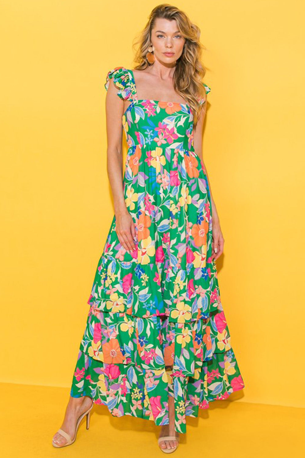 Green Boho Floral Print Ruffle Sleeveless Tiered Maxi Dress