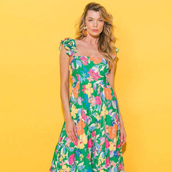 Green Boho Floral Print Ruffle Sleeveless Tiered Maxi Dress