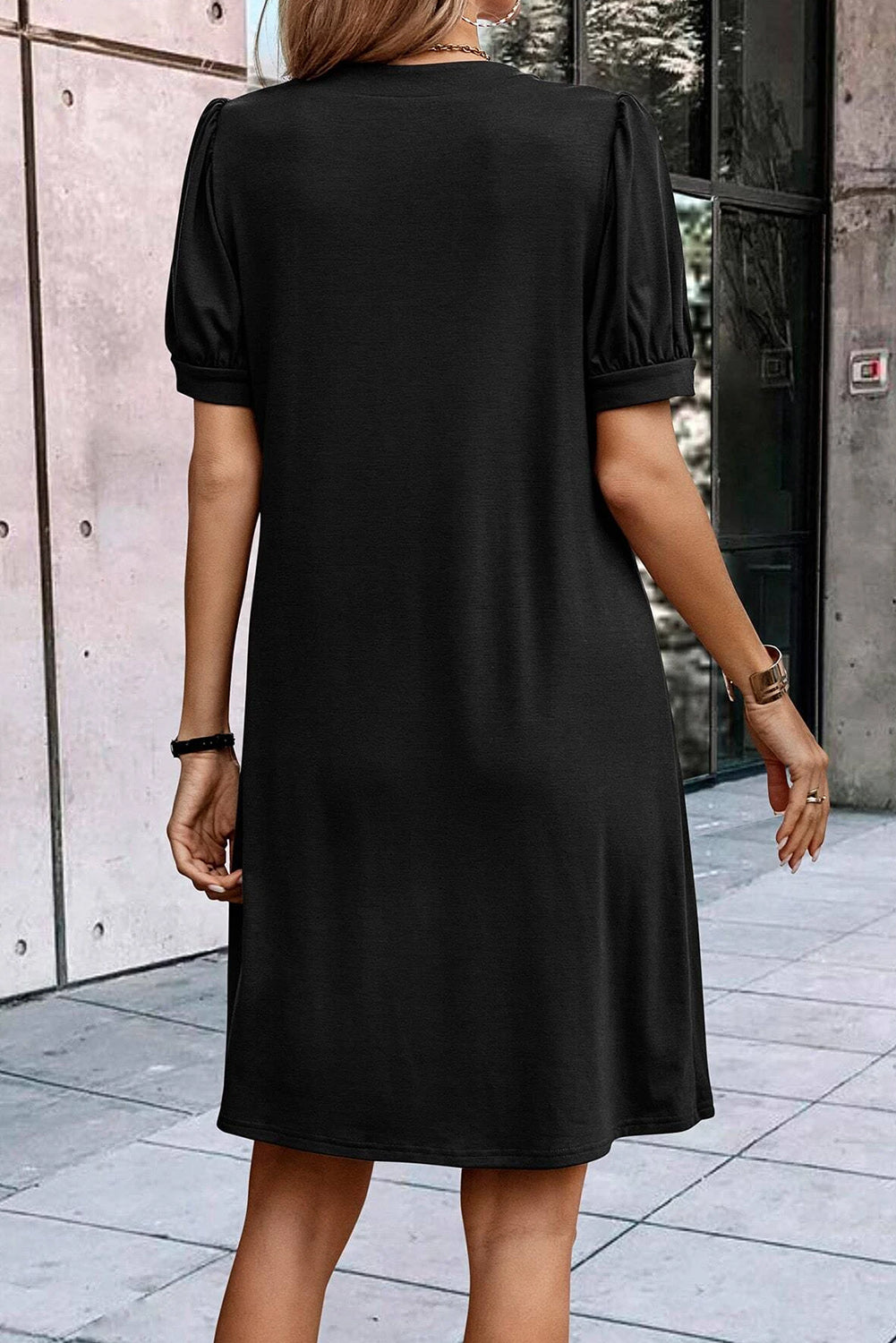 Black Notched Neck Puff Sleeve Pleated T Shirt Dress